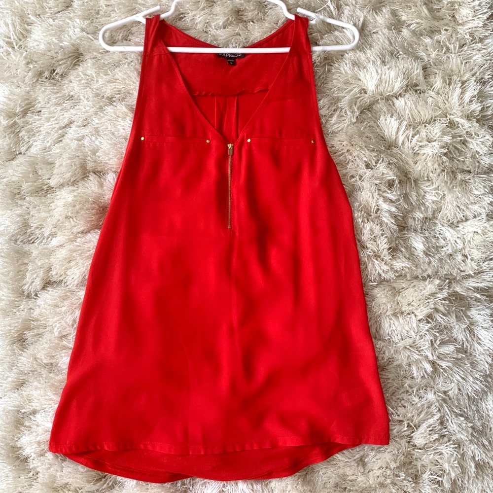 Express bright red tank with gold embellishments